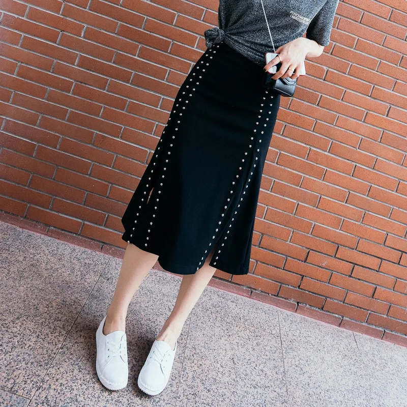 Fashion Korean Winter New Style Elastic Waist Solid Color Midi Skirt