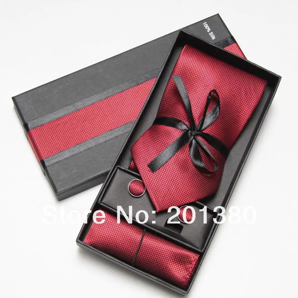  2019 red mens tie fashion men ties set cufflinks Handkerchief pocket square in box necktie packagin