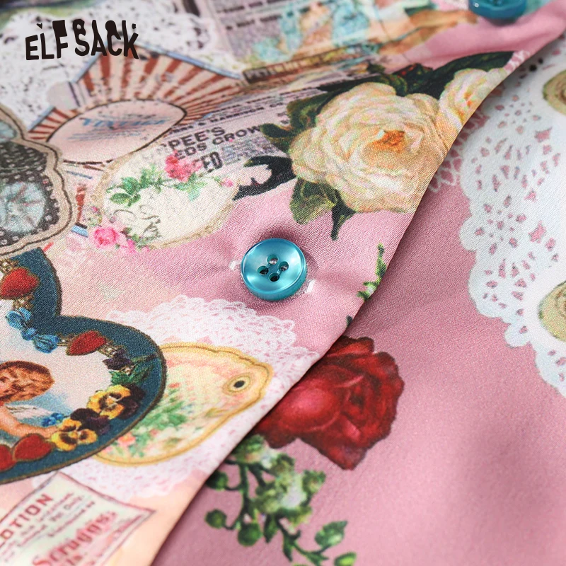 ELFSACK Floral Women Shirt Vintage Turn-down Collar Print Female Blouses 2019 Summer Fashion Street