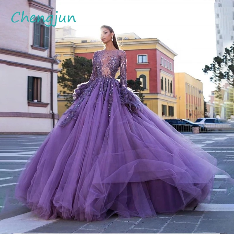 

Chengjun O Neck Long Sleeve Purple Lace Beaded Feather Ball Gown Arabic Evening Dress