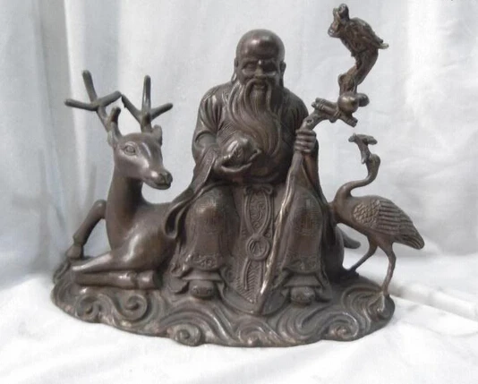 

005561 China bronze carved deer crane Buddhism longevity buddha Sculpture statue