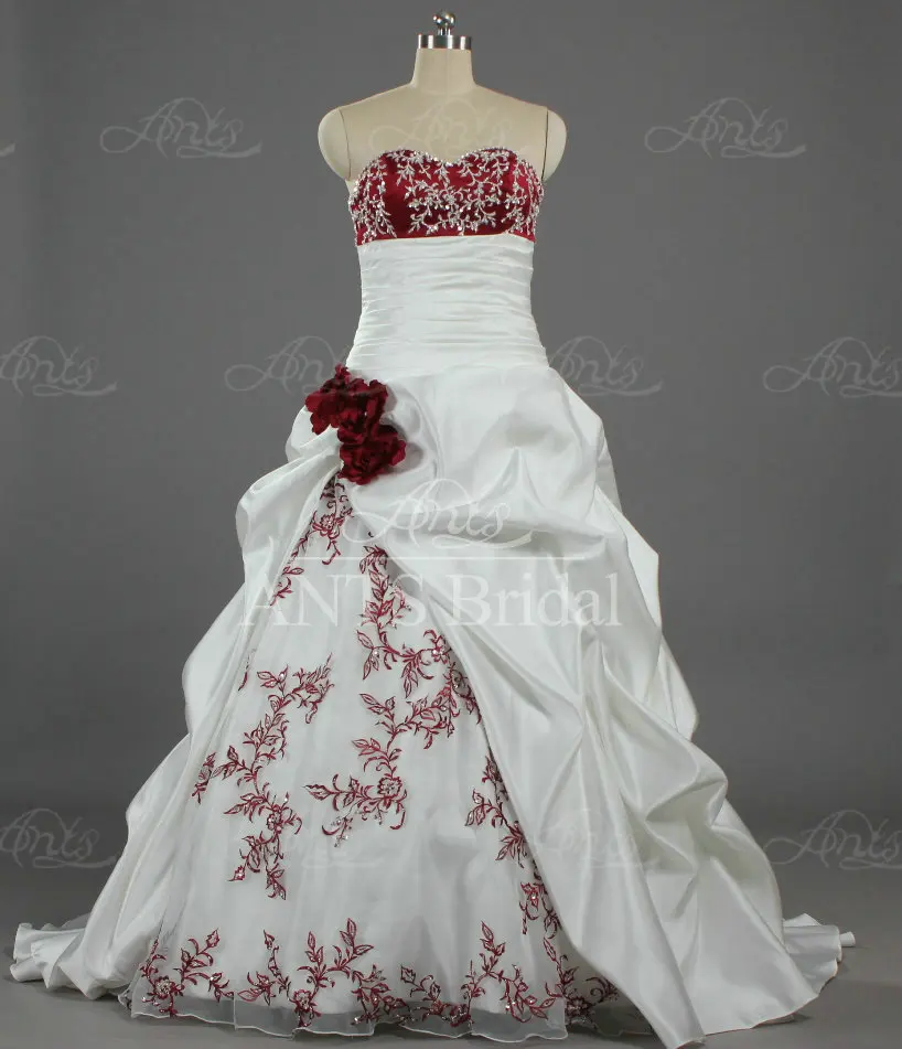 W1479 Vintage Una Linea di Fiori Fatti A Mano Raso E Organza Ricamo Abiti  Da Sposa Bianco E Bordeaux|embroidery wedding dresses|wedding dresswedding  dress white - AliExpress