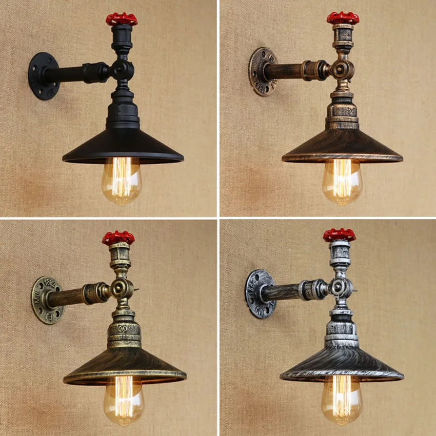 Vintage industrial style Edison water pipe iron wall lamp,dia 19cm 4 color metal lampshade Antique Edison Wall Light Fixtures