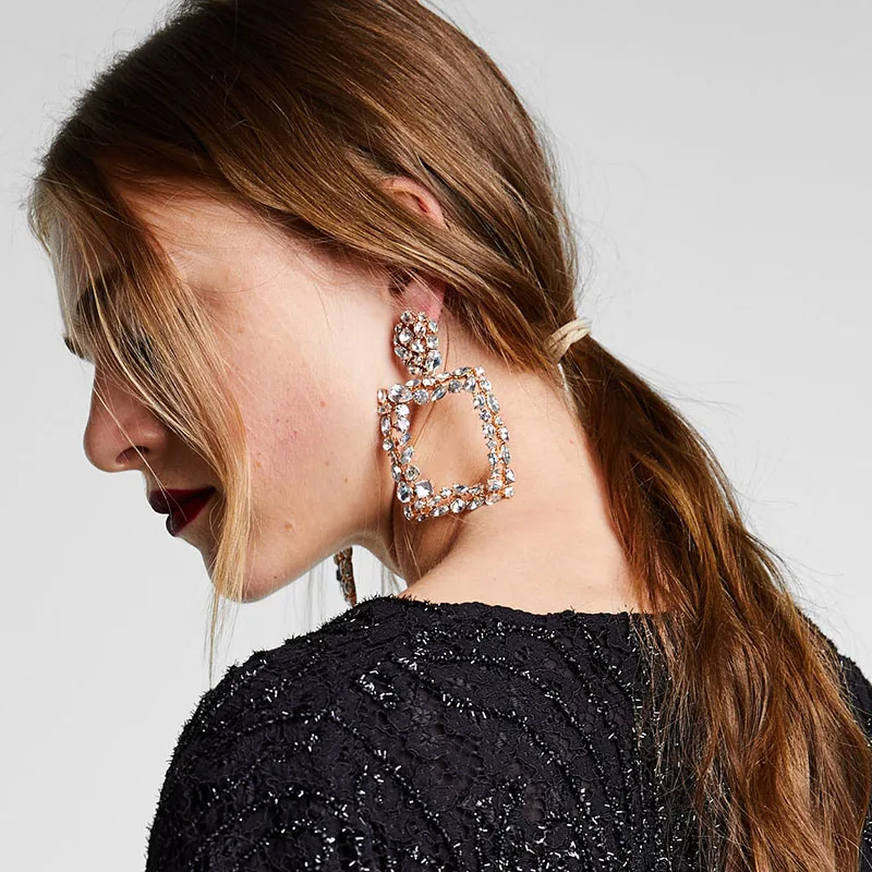 

Girlgo New Design ZA Crystal Square Dangle Drop Earrings For Women Bohemia Geometric Big Statement Earrings Charm Trendy Jewelry