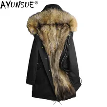 AYUNSUE, пальто из натурального меха енота, теплая зимняя куртка для мужчин, Воротник из меха енота, теплая парка, Мужская одежда, мужское длинное пальто, F-PKF-1111, MY774