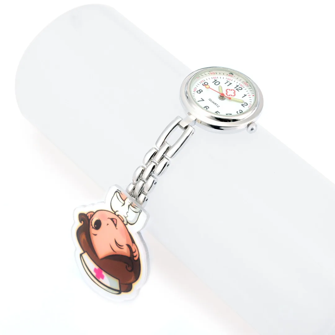 Shellhard 1pc Cute Cartoon Nurse Watch 6 Styles Beautiful Girl Pattern Luminous Pin Quartz Pocket Brooch Fob Nurse Watch
