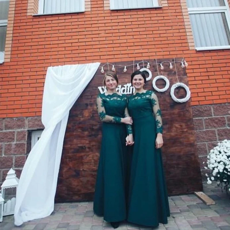 Vestido de festa longo платья подружки невесты с длинными рукавами темно зеленое кружевное