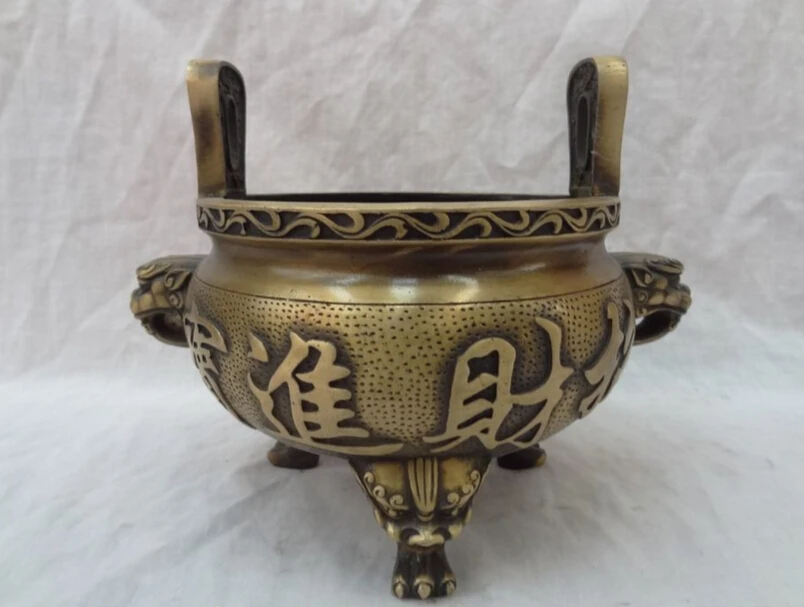 

song voge gem S2539 8" Chinese Buddhism Bronze Dragon Lion Head Statue Crock Incense Burner Censer