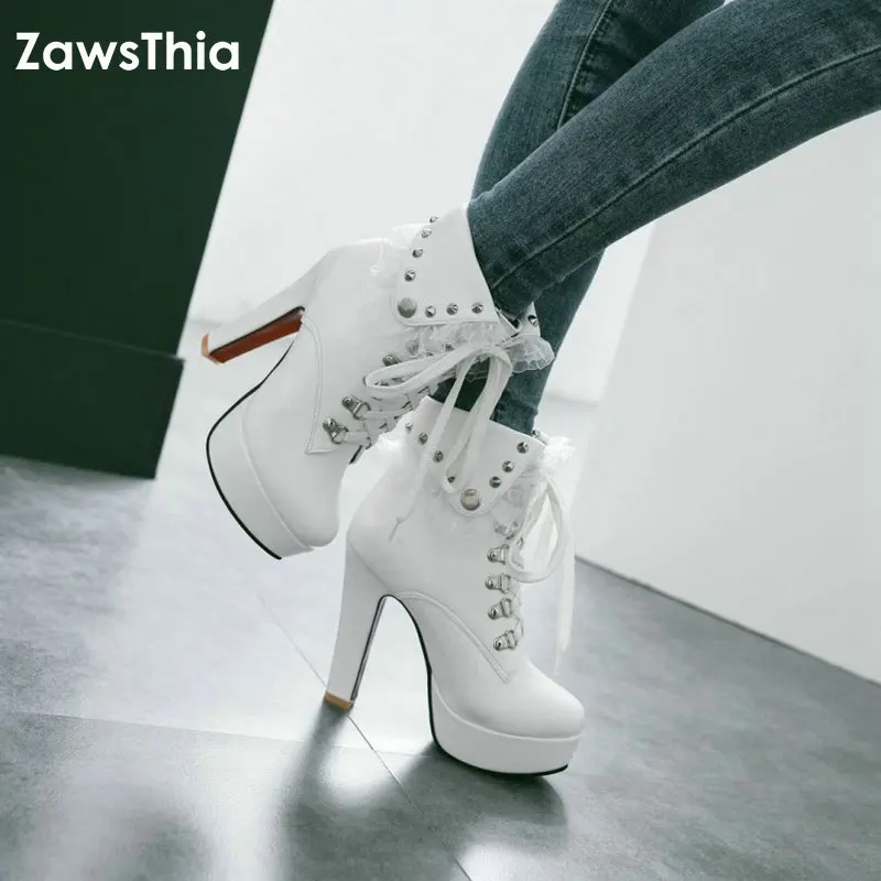 Женские ботильоны на шнуровке ZawsThia белые черные ботинки платформе и высоком