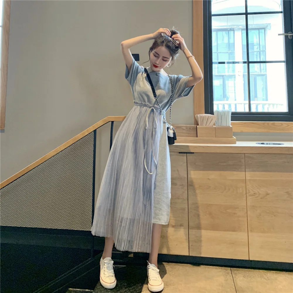 

2019 New Women T Shirt Dress Summer Short-sleeved Temperament Loose Stitching Mesh Long Tee Dresses Female SP419