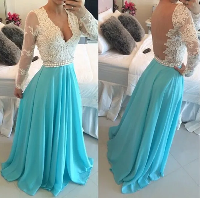 

Fashionable Design Vestido De Festa Floor-Length Long Sleeve Sexy V-Necl Appliques Backless Chiffon A-Line Prom Dresses 2015 New