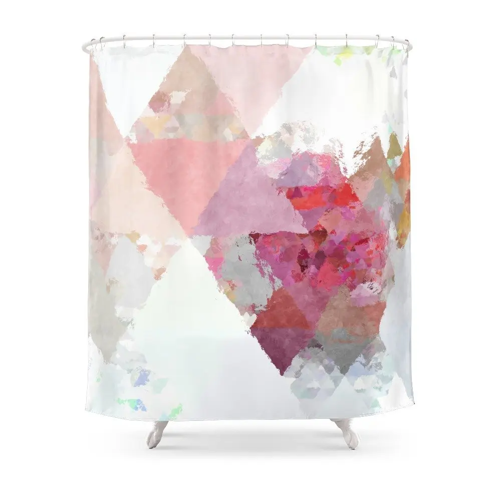 Pink White Rosegold Triangle Pattern Shower Curtain Waterproof Bathroom
