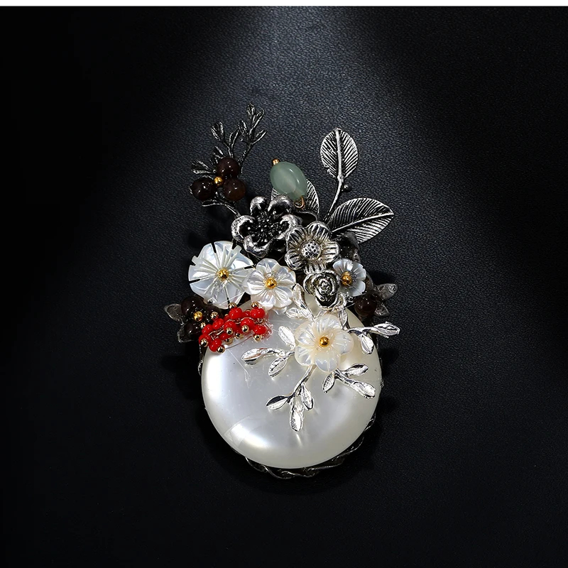 KCALOE, античный серебряный букет цветов, броши, натуральный камень в виде раковины, круглая брошь на булавке, модное ювелирное изделие, женские аксессуары