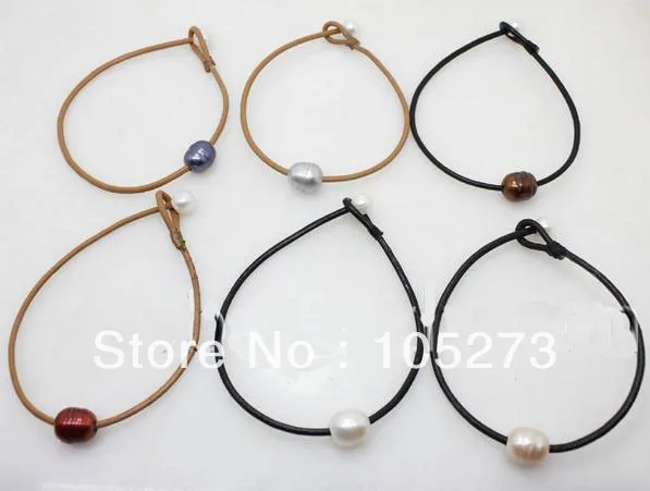 

Wholesale Lot 6pcs Natural Growth Line Pearl Bracelet Brown Black Leather 8inch 9-10mm New Free Shipping