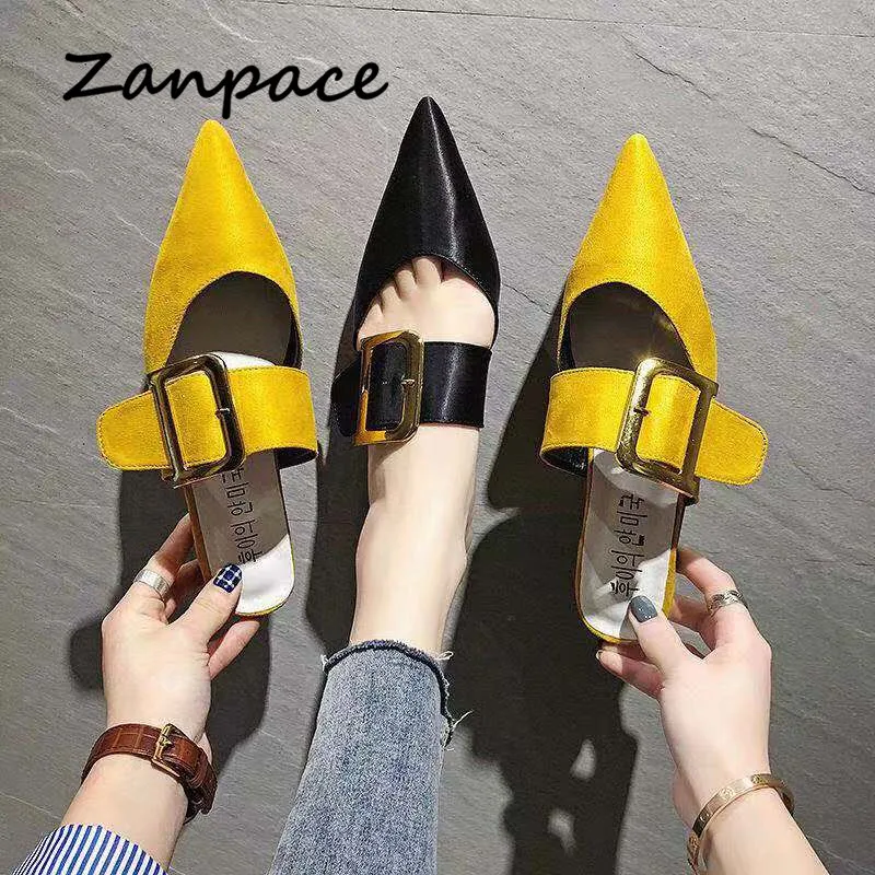 Zanpace New Low Slippers 2019 Buckle House Slides Pointed Top Fashion Woman Shoes Summer Platform Sandalias Ladies Flip Flop