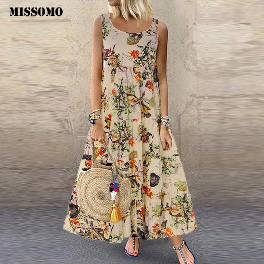 

MISSOMO summer dress Women Plus Size Bohemian O-Neck Floral Print Vintage Sleeveless Long Maxi Dress vestidos Loose long dresses