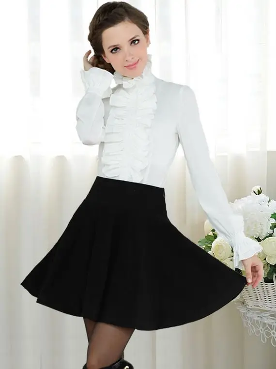 Women Victorian inspired Blouse Long Sleeve Stand-Up Collar Lotus Ruffle Shirts only white and black available |