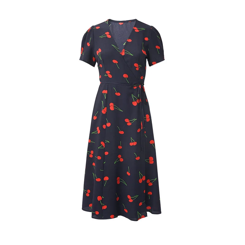 

Sexy retro V-neck cherry print high waist long midi short-sleeve dress vintage dress 50s 60s summer rockabilly clothes for women