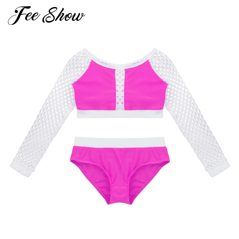 Girls Lyrical Dance Dress Outfit Kids Mock Neck Crop Top+Bottoms Set Dancewear