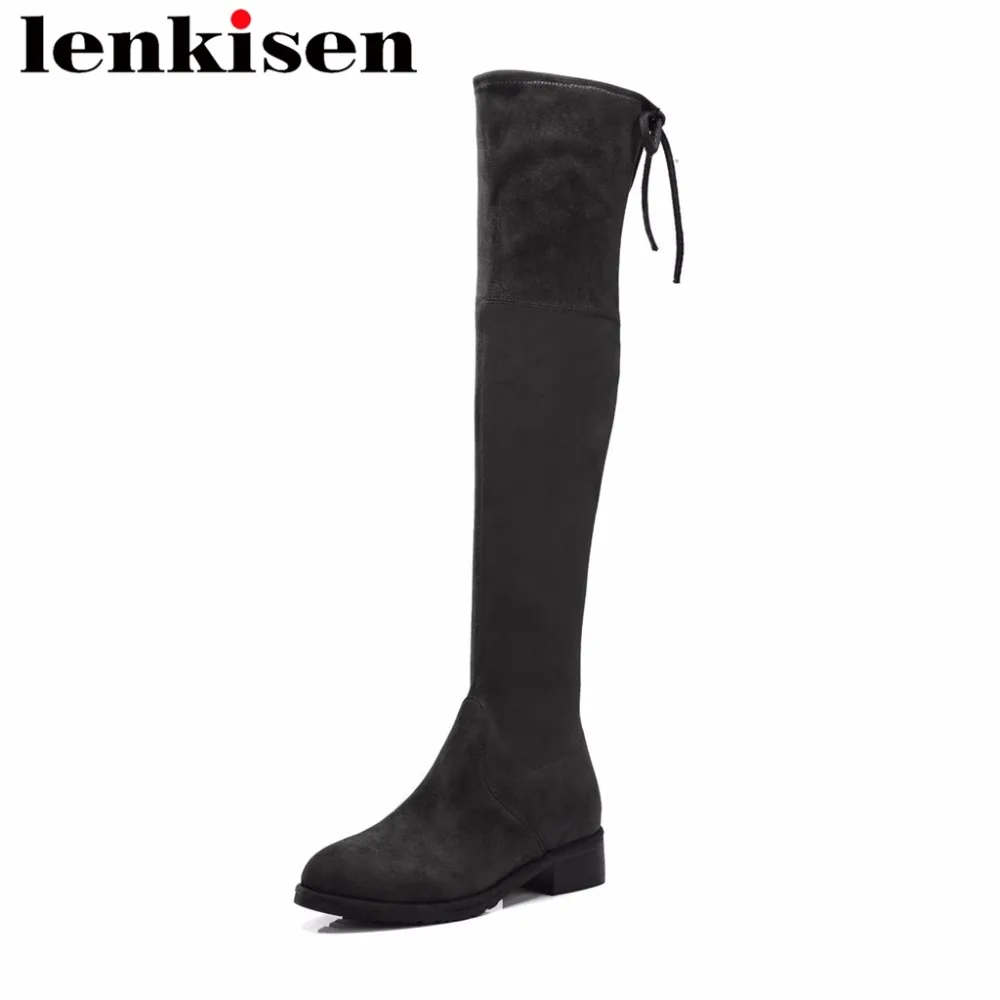 

Lenkisen flock round toe slip on low heels bowtie autumn winter european style streetwear runway women over-the-knee boots L12