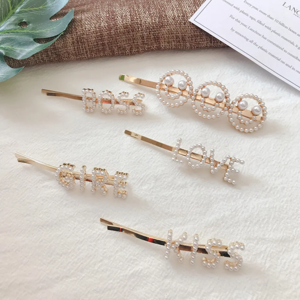 

Pearl Women Imitiation Words Smiling Hair Clip Geometric letter Barrette Bobby Pin Hair Accessories For Girl