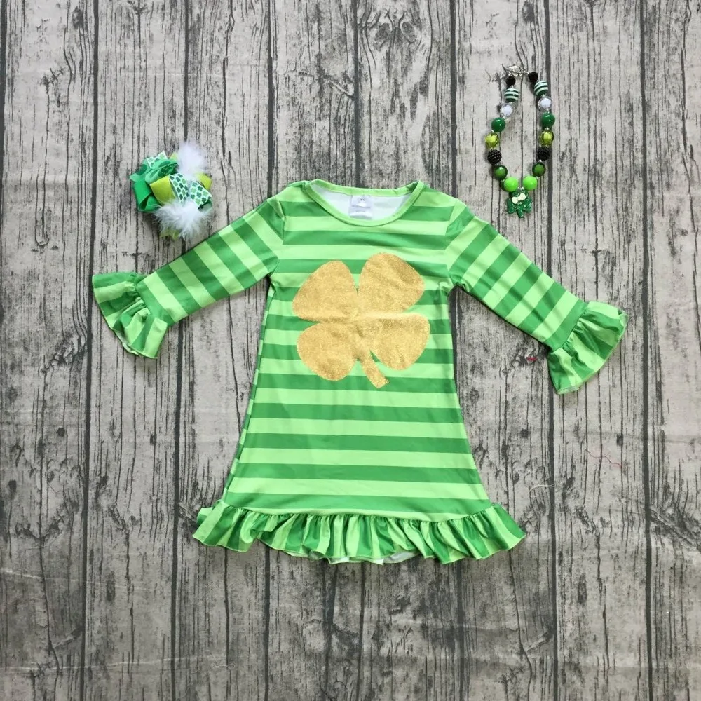 

St.Martin's day girls baby children clothes cotton stripe lemon green ruffles Shamrocks dress boutique sleeve match accessories