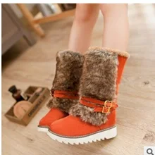 Дамы большой size10 11 12 пряжки ремня искусственная кожа зима короткая средний-икры низкого топ мед-пятки туфли на высоком каблуке плюшевые загрузки снегоступы женская обувь девушки
