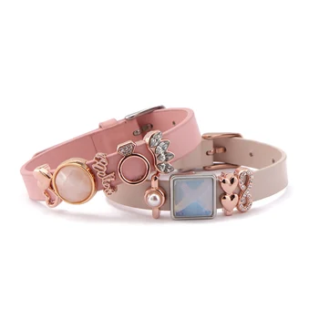 

SANSHOOR Hot Sale Bracelets sets Gentle Pink and Milk Color Leather Bracelets with Wishing Stones Wedding Believe Charms