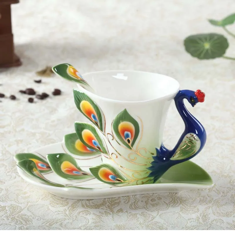 Китайский роскошный 3D Павлин кофейная чашка блюдце ложка цвет эмаль керамический фарфор кофейные чайные сервизы для дома кафе подарок 6 цветов - Цвет: Зеленый