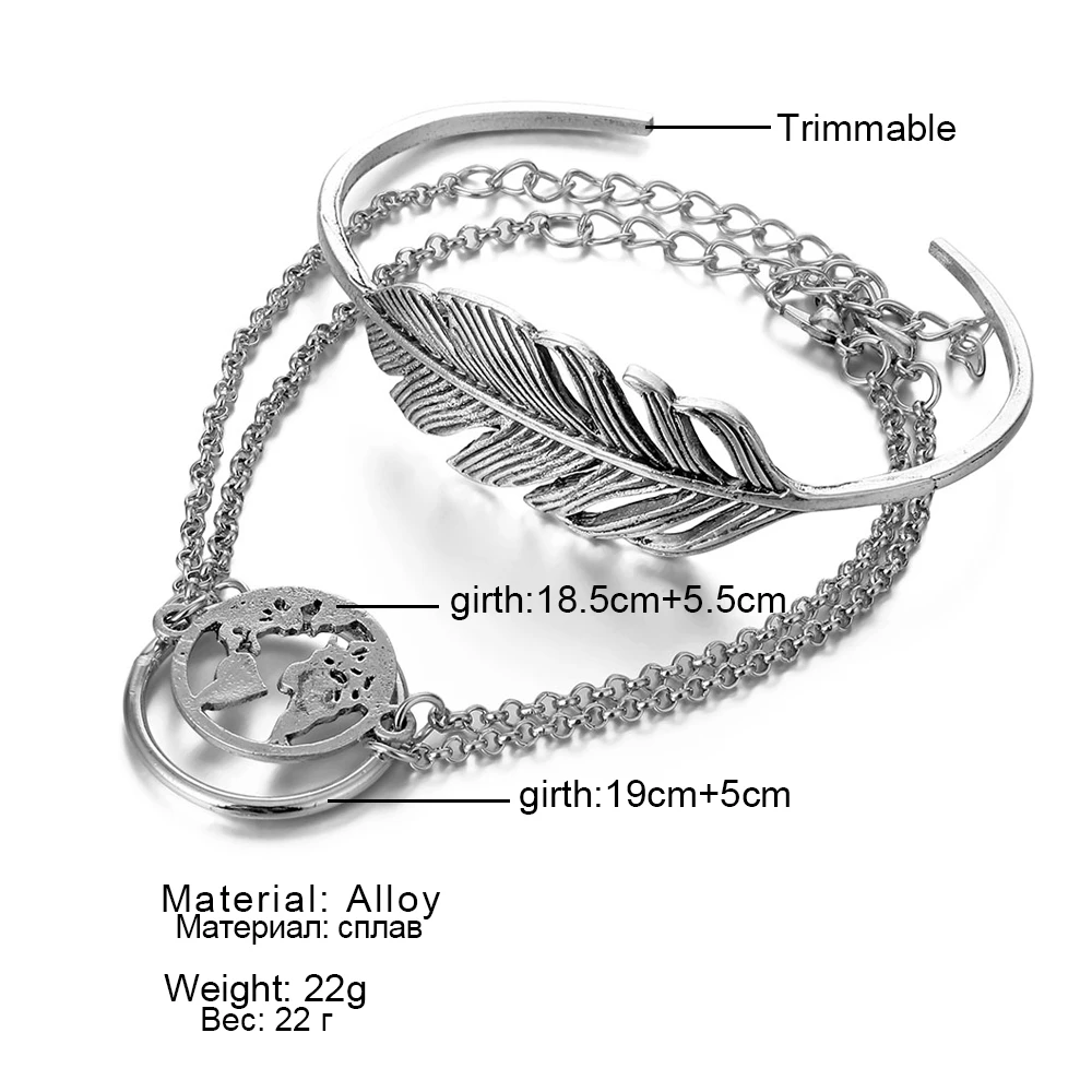 Модные Винтажные серебряные браслеты с большими листьями, браслеты с подвесками, браслеты для женщин, женские браслеты с цепочкой, ювелирные изделия в стиле бохо