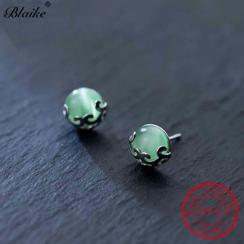 Blaike, настоящее 925 пробы, серебряные круглые серьги-гвоздики с зеленым опалом для женщин, волнистые серьги из лунного камня, женские свадебные серьги-гвоздики