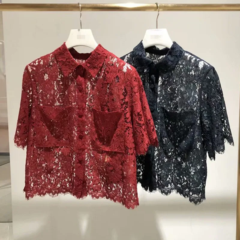 Women's sexy lace Shirts Chic short sleeves hollow out Shirt Tops A179/180