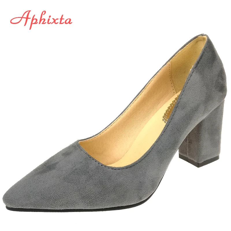 Aphixta Shoes Square Heel Women Pointed Toe Pumps Fashion Gray High Heels Flock Leather Black Party Shoes Plus Big size 47 48 afbeelding