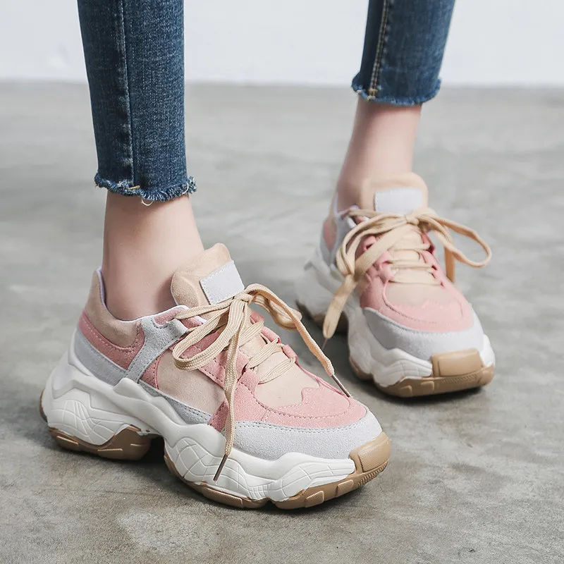 

2019 Spring Autumn Casual Shoes Woman Lace Up Round Toe Vulcanize Shoes Platform Sneakers Student 5cm Bottom Comfortable Flats