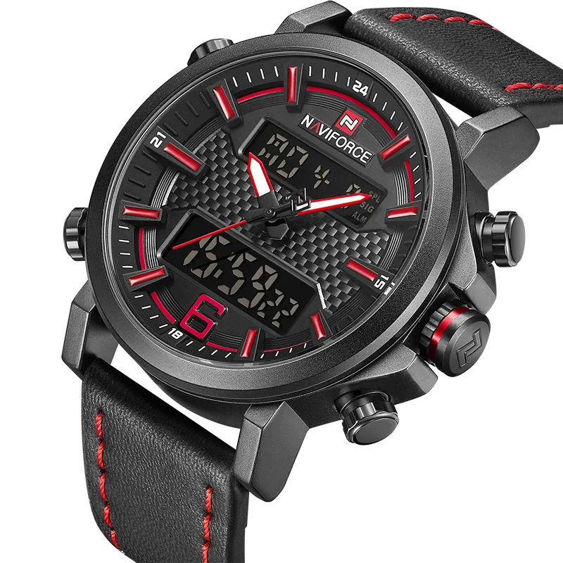 NAVIFORCE Mens Sports Watches Men Quartz LED Digital Clock Top Brand Luxury Male Fashion Leather Waterproof Military Wrist Watch 