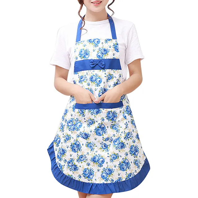 Chinese Floral Cotton Linen Apron Woman Bibs Home Cooking Baking Coffee