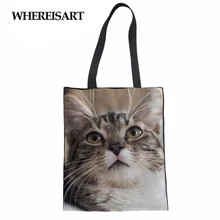 WHEREISART холщовая женская сумка для покупок Kawaii с принтом кота, Экологичная Сумка-тоут, дорожная сумка через плечо для девочек, многоразовая сумка