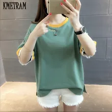 KMETRAM Новая летняя футболка Женские однотонные шорты с круглым вырезом кружевные повседневные трикотажные футболки с коротким рукавом топы Femme HH771