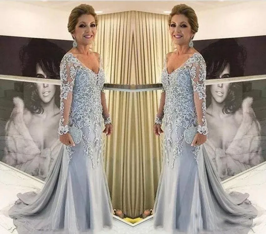 

Elegant Applique Lace Mother of The Bride Dresses Sheer Long Sleeve V Neck Sweep Train Godmother Vestidos Formal Evening Gowns