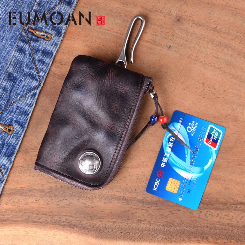 

EUMOAN Mini Men's Genuine Leather Coin Purse Wallet Waist Belt Loops Bag Coin Pocket Case Key Ring key wallet Black coffe