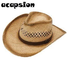 Натуральная солома ковбойская шляпа мужская для женщин кожаный ремешок ковбойский костюм шляпы Летние западные Sombrero Hombre Lifeguard солнцезащитные шапки A054