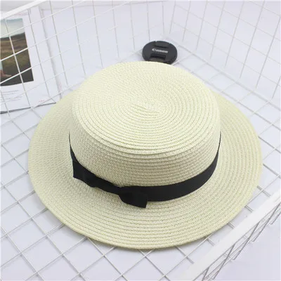 Seioum/ ; соломенная шляпа на плоской подошве для защиты от солнца; шляпа-канотье для девочек; летние женские шляпы с бантом; пляжная соломенная шляпа на плоской подошве; соломенная шляпа; chapeau femme - Цвет: Milk white