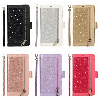 

Zipper ID 9 Card Slot Sparkle Leather Wallet Case For Samsung M10 M20 M30 A30 A50 J7 2018 Bling Glitter Pouch 30PCS
