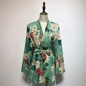 

2019 spring new floral women coat loose all match bandage green flower lady elegant jacket outwear suit tops
