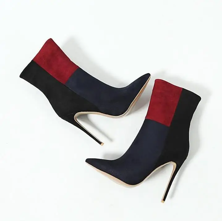 

Real Photo Black Red Mixed Colors Socks Ankle Boots Pointed Toe Side Zipper Womens Suede Winter Boots Thin Heels Ladies Shoes