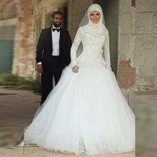 Robe Oriental Arabe High Neck Long Sleeves Lace Muslim Wedding Dress with Hijab Middle East Arabic Birdal Wedding Gowns in Dubai