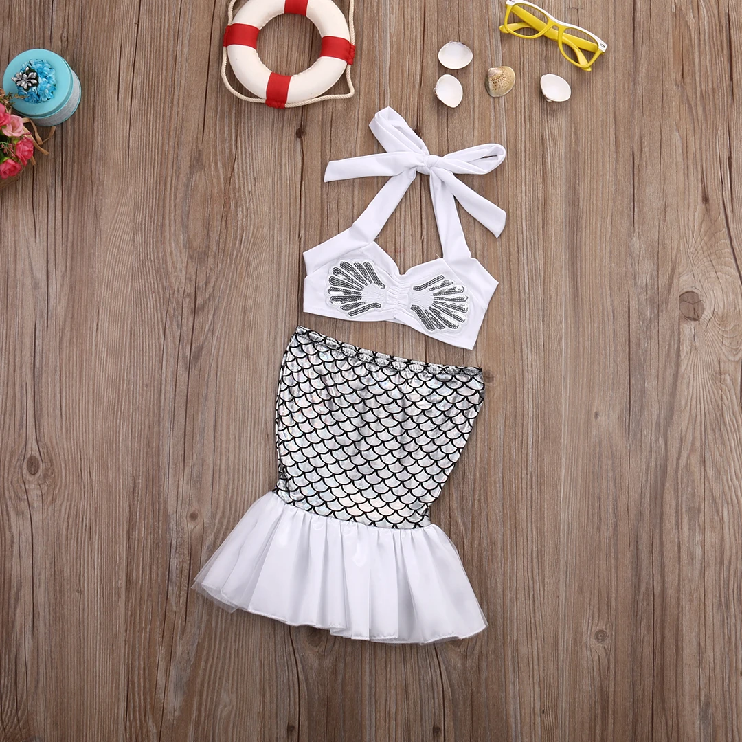Одежда для новорожденных одежда для малышей для маленьких девочек, топ c бретелькой через шею Купальник белый набор бикини Русалка для маленьких девочек купальный костюм Пляжная одежда для плавания, одежда