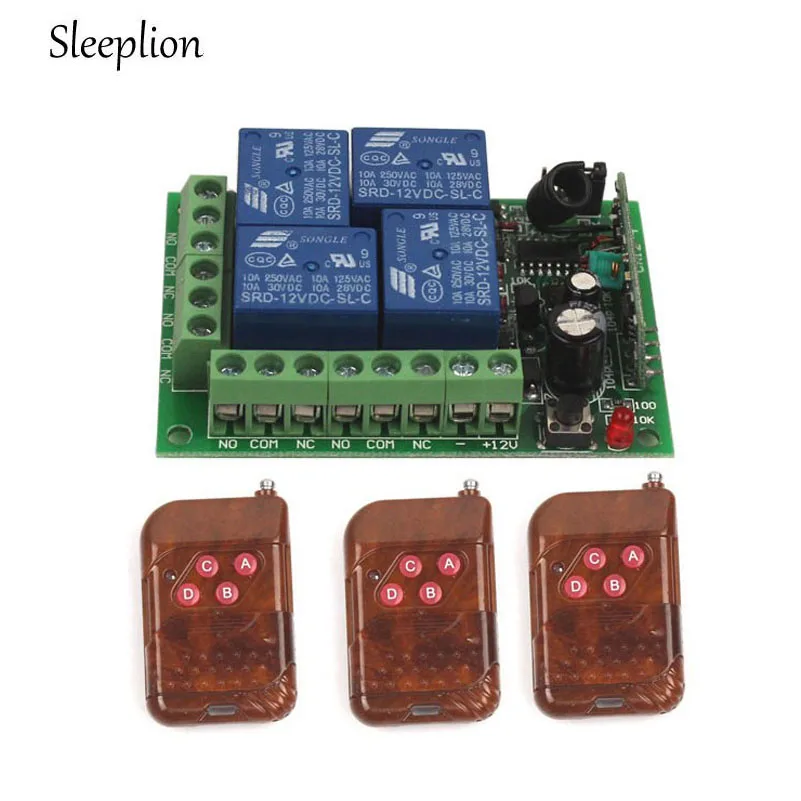 

Sleeplion DC 12V 4CH Relay ON/OFF RF Wireless Remote Control Switch 2 Transmitter + Receiver 315MHz/433MHz