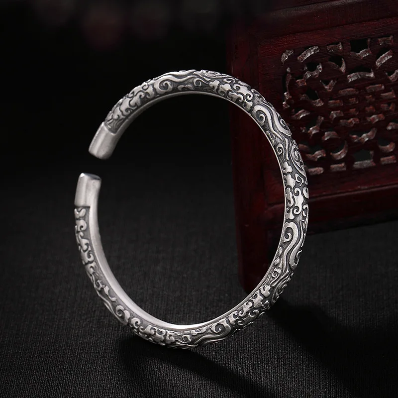 S999 Sterling Silver Bracelet Carved Expandable Bangle Adjustable Good Luck