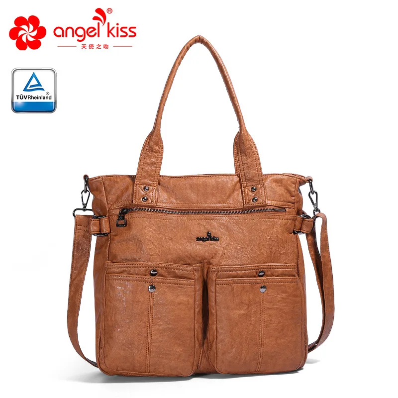 

Angelkiss Women Solid Washed Large Capacity Shopping Shoulder Bags High Designer PU Leather Hobo Handbags 2019 Luxury Ladies Bag